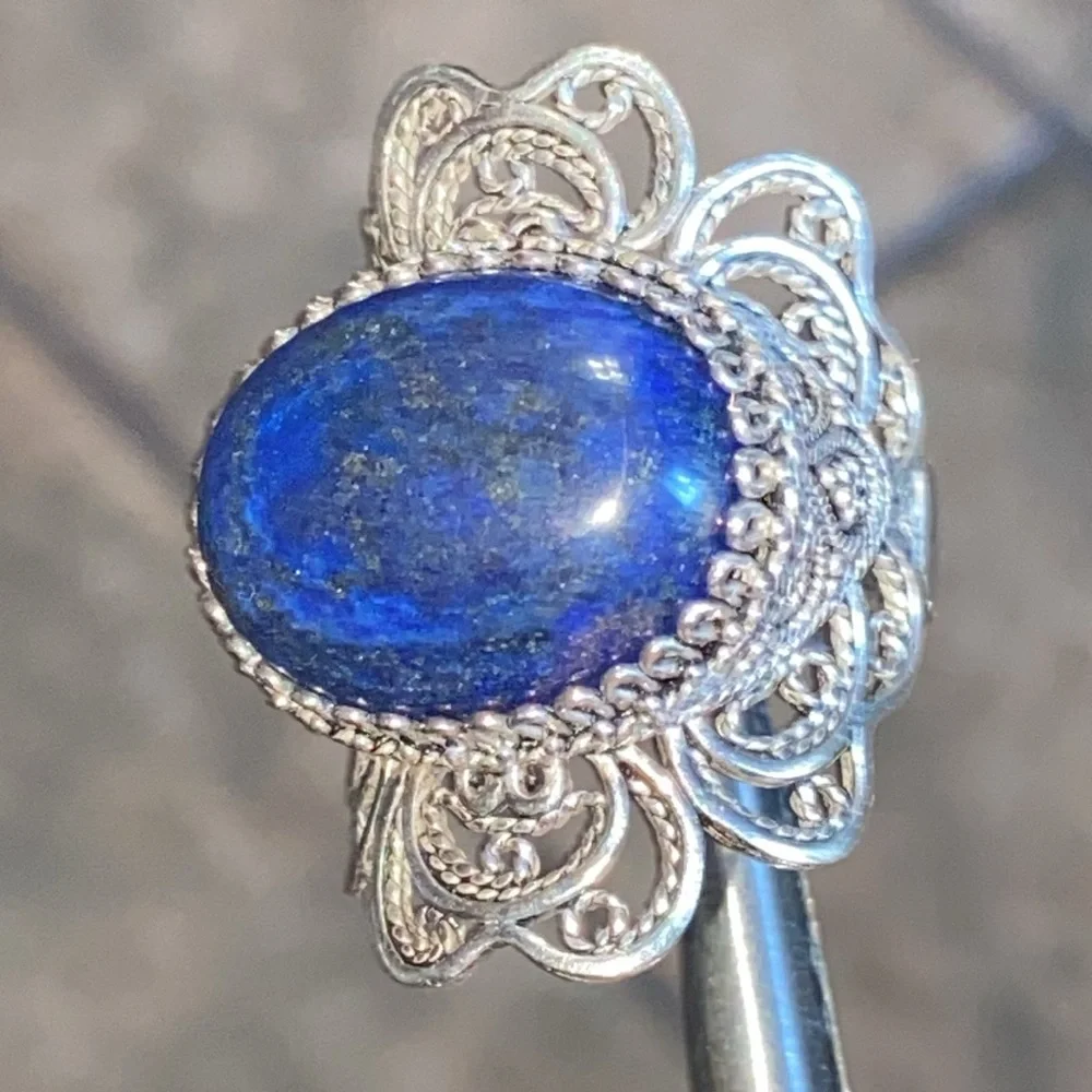 Genuine Lapis Lazuli Sterling Filigree Ring - Picture 5 of 11